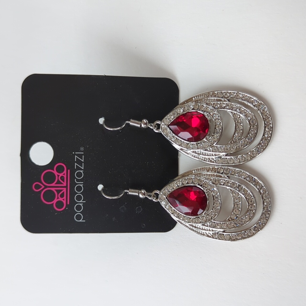 Boutique Paparazzi Silver Tone w Red Faux Stone Accent Tear Drop Earrings